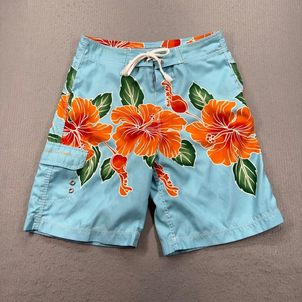 American Eagle Board Shorts Mens 30 Blue Tropical Hibiscus Floral Swim Trunks